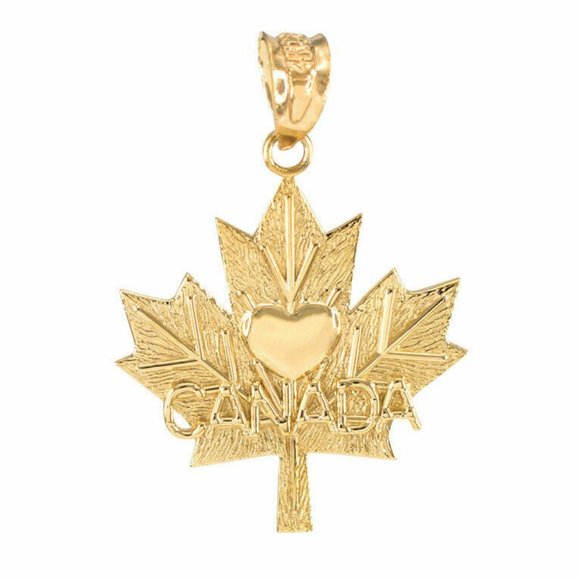 14k Solid Gold Maple Leaf Heart CANADA Pendant
